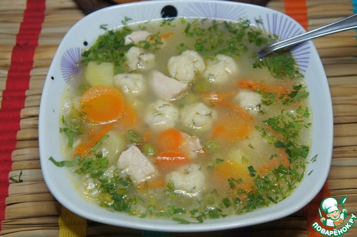 Куриный суп с сырными клецками и грибами